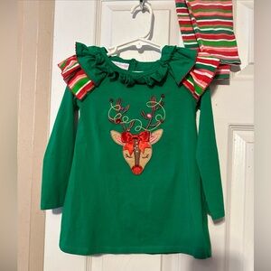 Bonnie Jean 4T Girls  Christmas Holiday Reindeer Green  dress Stripe legging set